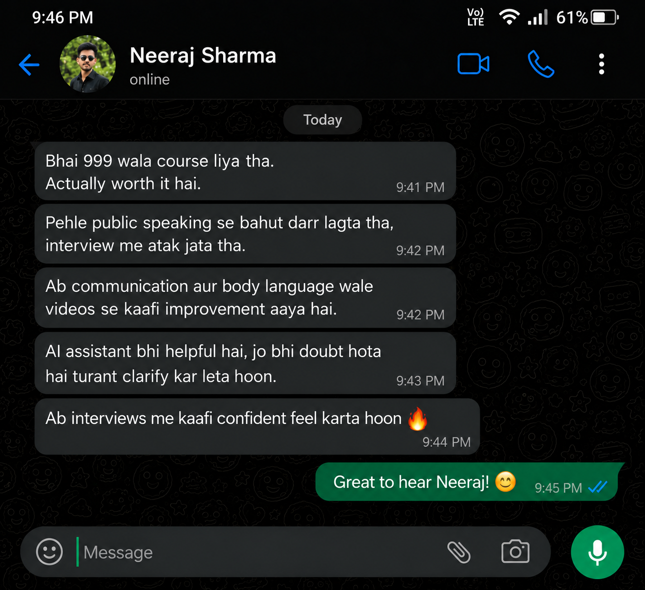 WhatsApp feedback from Neeraj Sharma
