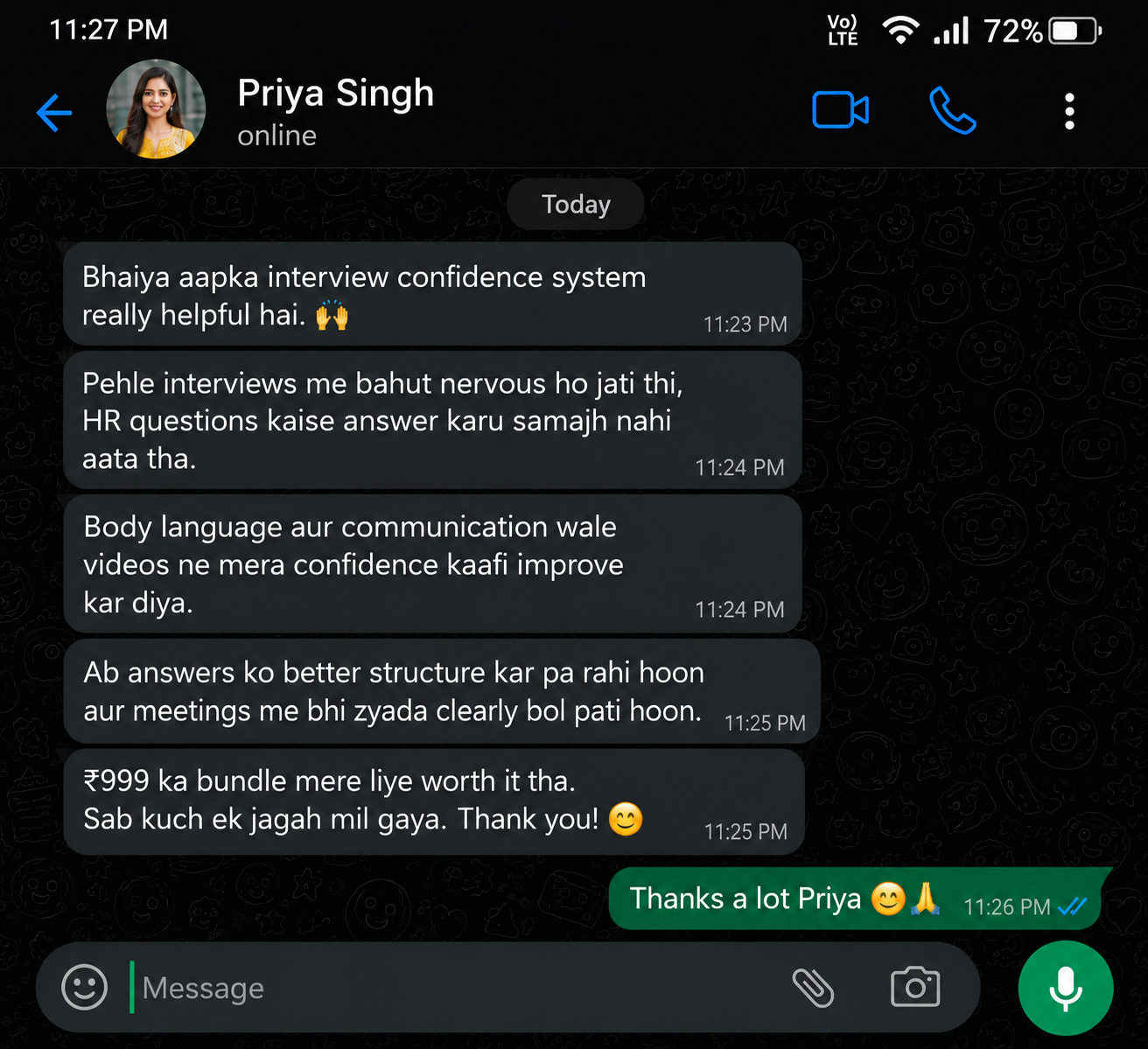 WhatsApp feedback from Priya Singh