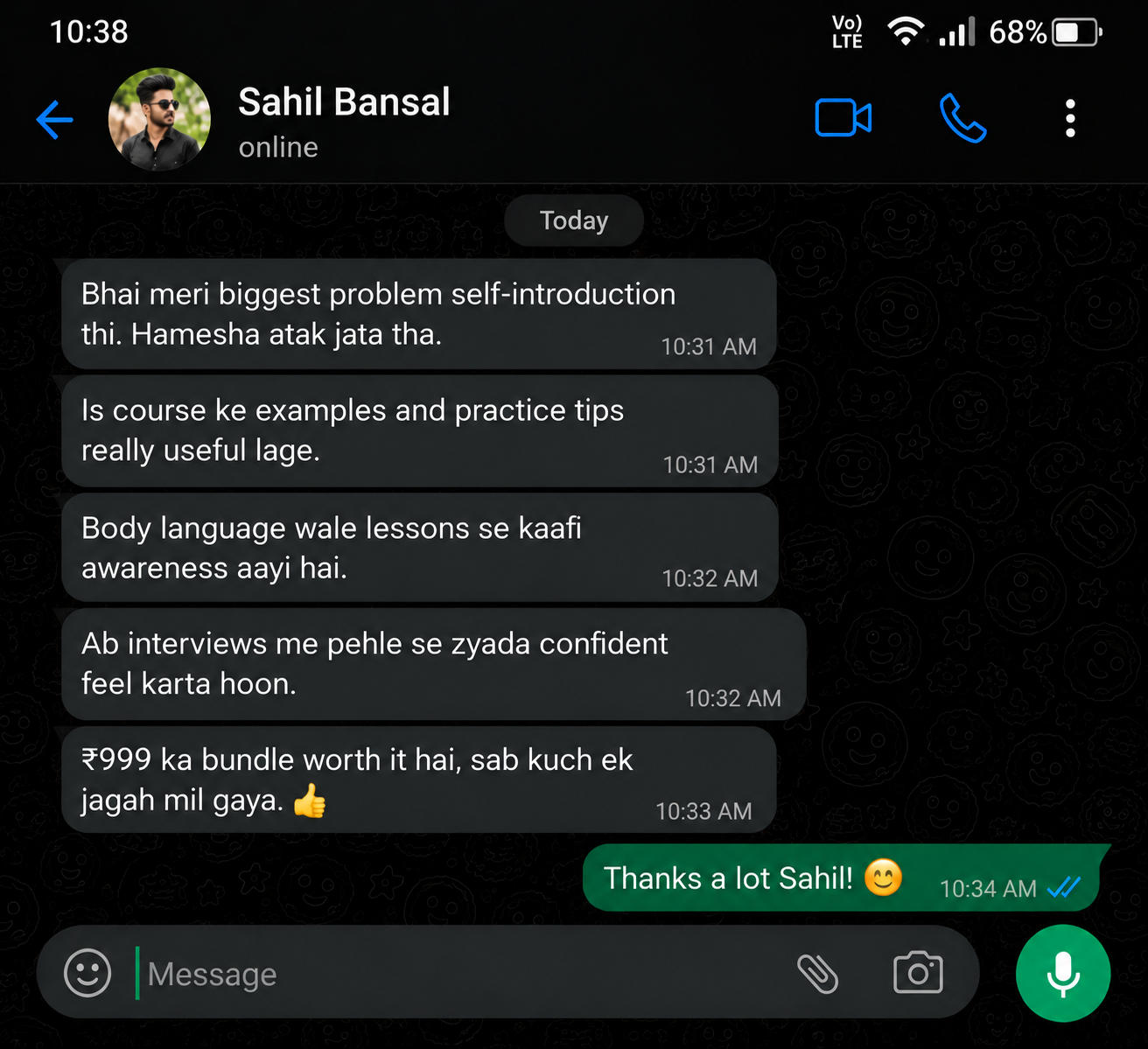 WhatsApp feedback from Sahil Bansal
