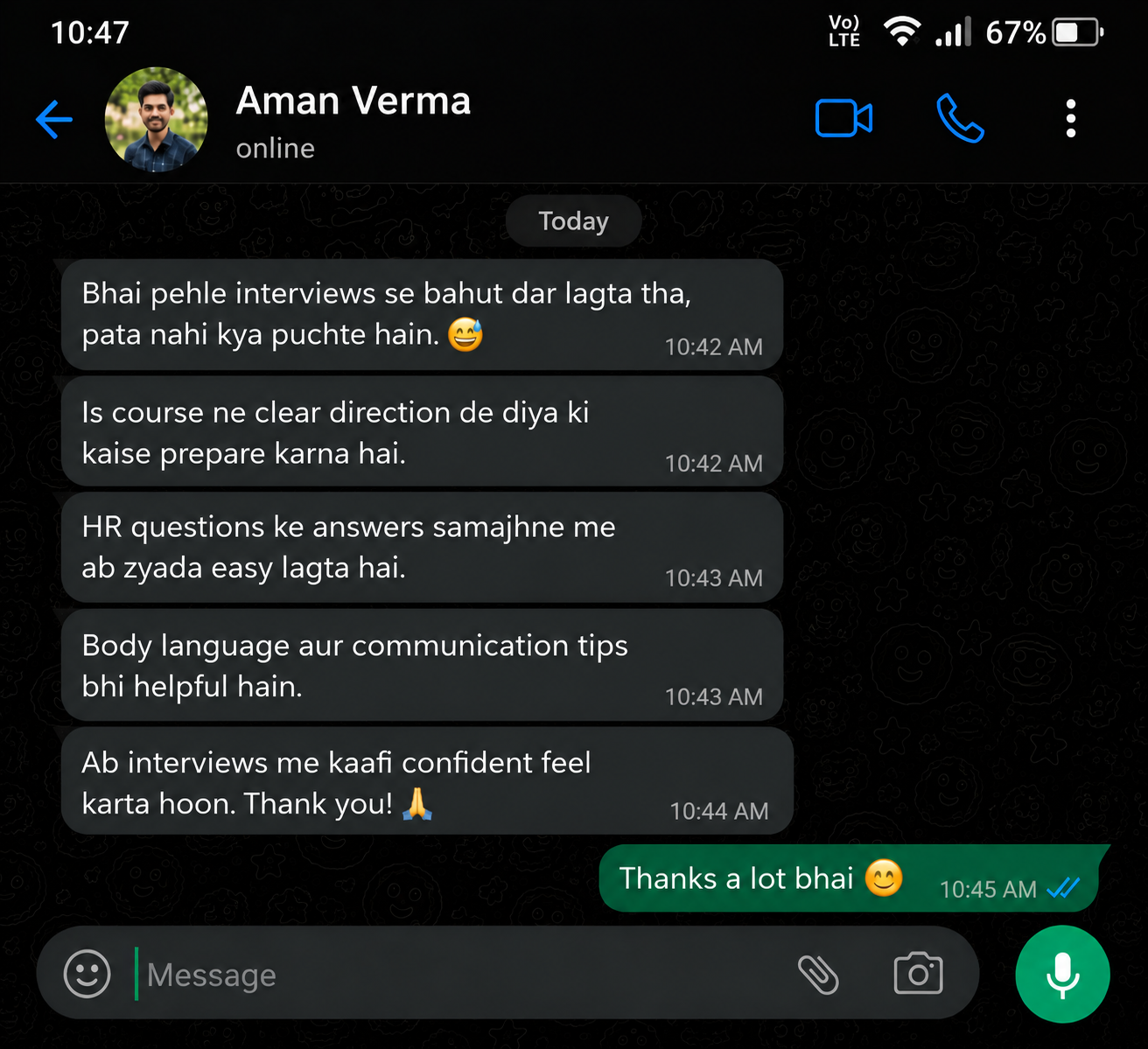 WhatsApp feedback from Aman Verma